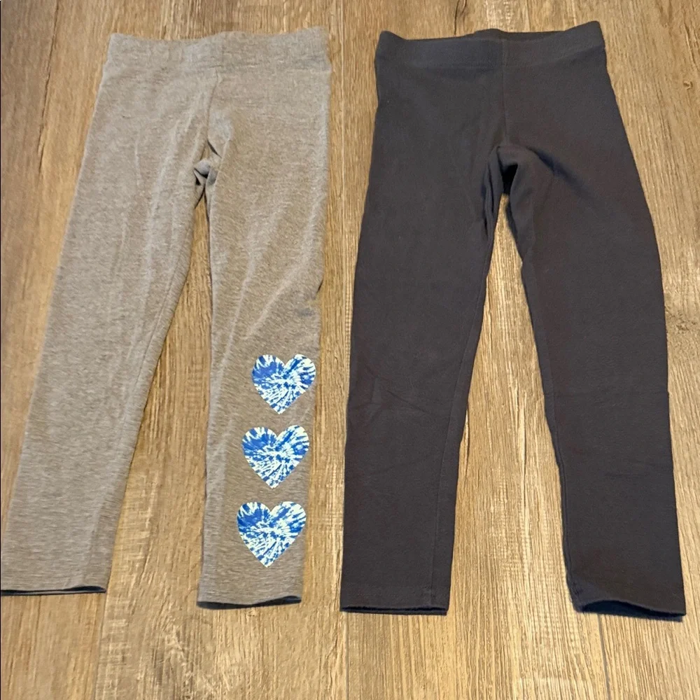 Two pair Old Navy Girls Grey and Navy Leggings with Blue Heart Detail